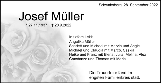 Traueranzeige von Josef Müller von Schwäbische Post