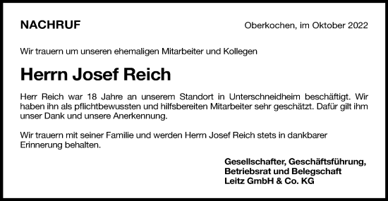 Traueranzeige von Josef Reich von Schwäbische Post
