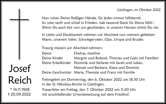 Traueranzeige von Josef Reich von Schwäbische Post