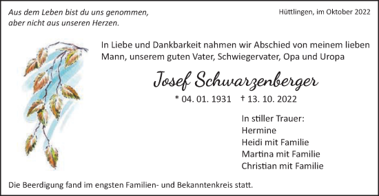 Traueranzeige von Josef Schwarzenberger von Schwäbische Post