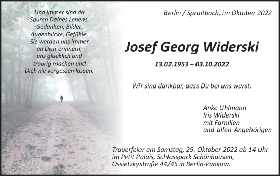 Traueranzeige von Josef Georg Widerski von Gmünder Tagespost
