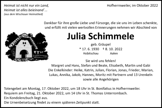 Traueranzeige von Julia Schimmele von Schwäbische Post