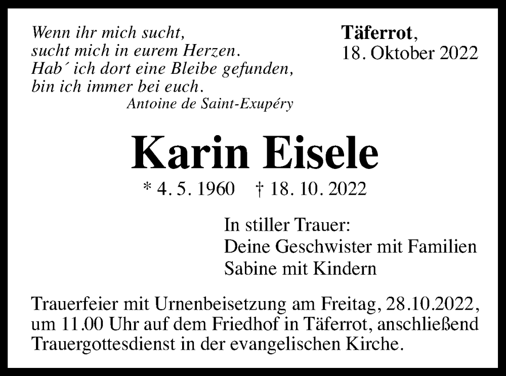  Traueranzeige für Karin Eisele vom 26.10.2022 aus Gmünder Tagespost