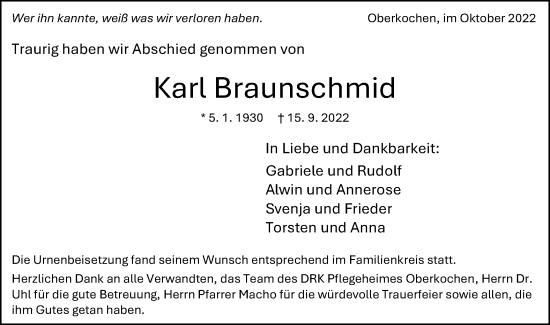 Traueranzeige von Karl Braunschmid von Schwäbische Post