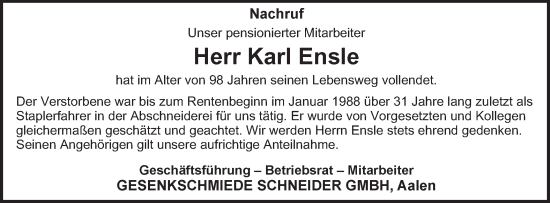 Traueranzeige von Karl Ensle von Schwäbische Post