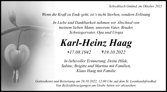 Traueranzeige von Karl-Heinz Haag von Gmünder Tagespost