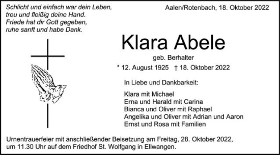 Traueranzeige von Klara Abele von Schwäbische Post