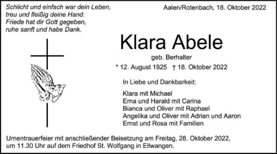 Traueranzeige von Klara Abele