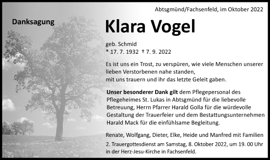 Traueranzeige von Klara Vogel von Schwäbische Post