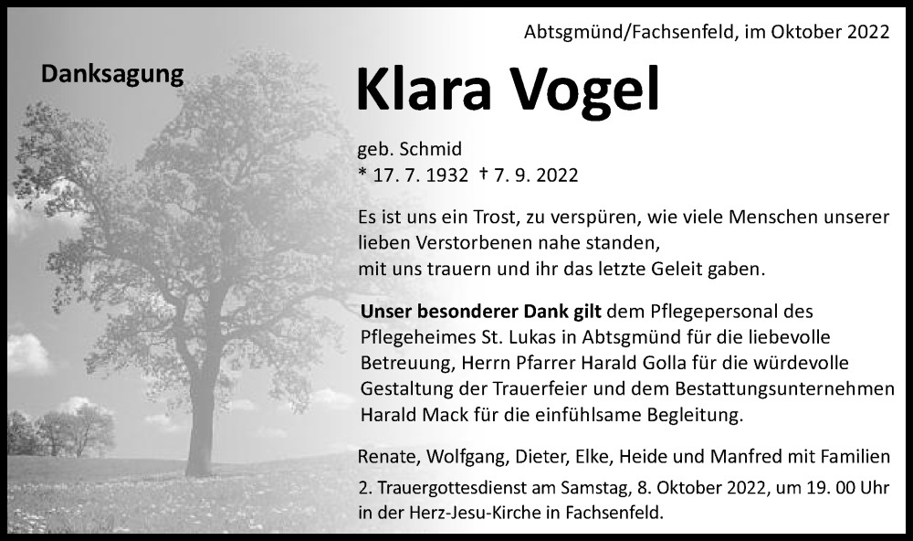  Traueranzeige für Klara Vogel vom 05.10.2022 aus Schwäbische Post