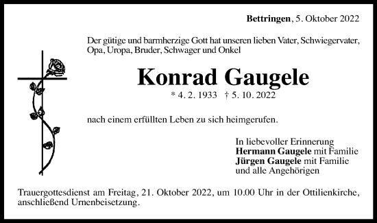 Traueranzeige von Konrad Gaugele von Gmünder Tagespost