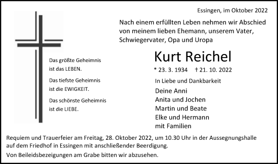 Traueranzeige von Kurt Reichel von Schwäbische Post