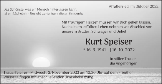 Traueranzeige von Kurt Speiser von Schwäbische Post