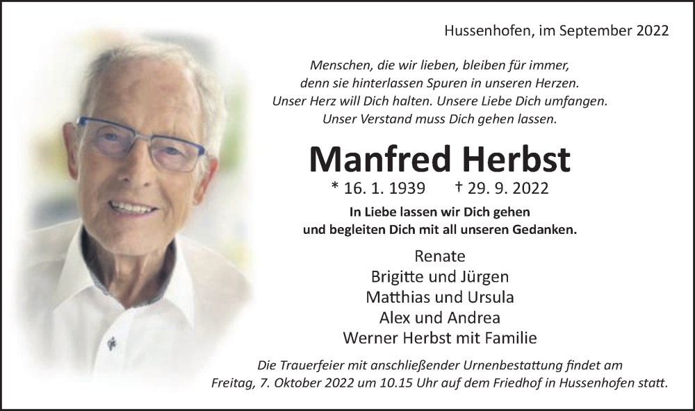  Traueranzeige für Manfred Herbst vom 05.10.2022 aus Gmünder Tagespost