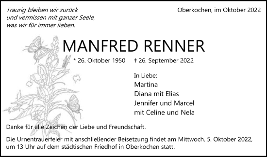 Traueranzeige von Manfred Renner von Schwäbische Post