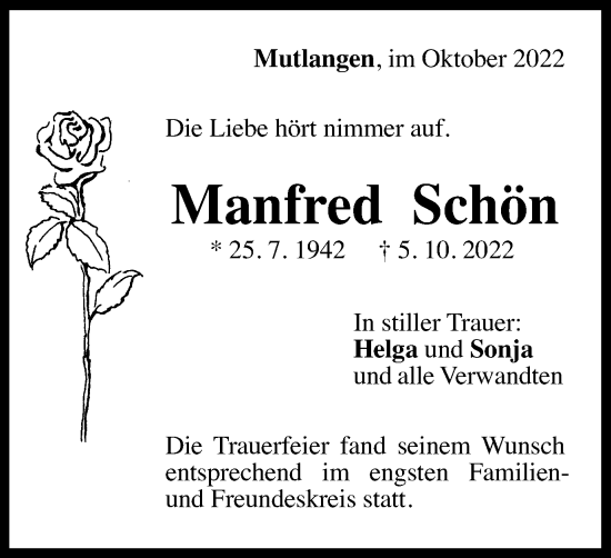 Traueranzeige von Manfred Schön von Gmünder Tagespost