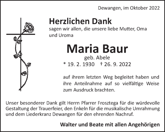 Traueranzeige von Maria Baur von Schwäbische Post