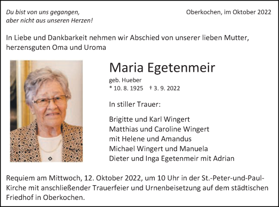 Traueranzeige von Maria Egentenmeir von Schwäbische Post