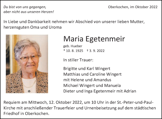 Traueranzeige von Maria Egetenmeir von Schwäbische Post