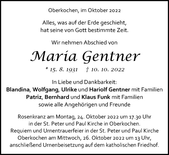 Traueranzeige von Maria Gentner von Schwäbische Post
