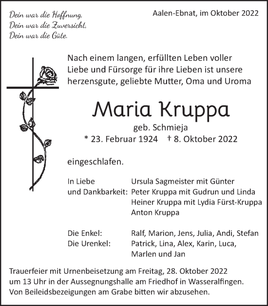 Traueranzeige von Maria Kruppa von Schwäbische Post