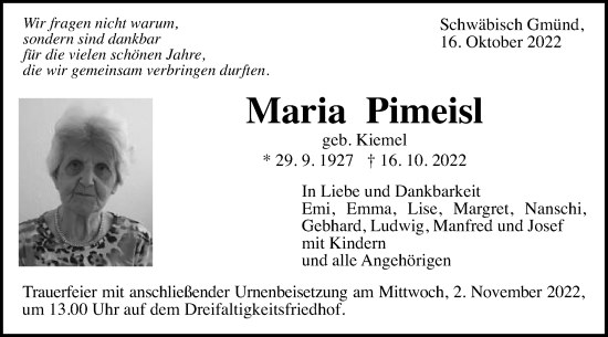 Traueranzeige von Maria Pimeisl von Gmünder Tagespost