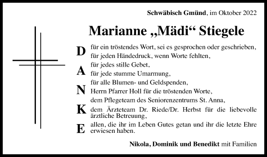 Traueranzeige von Marianne Stiegele von Gmünder Tagespost