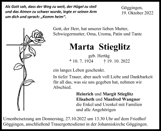 Traueranzeige von Marta Stieglitz