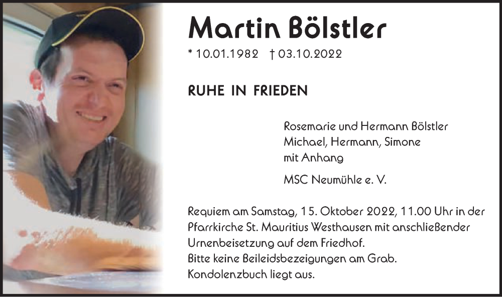  Traueranzeige für Martin Bölstler vom 10.10.2022 aus Schwäbische Post