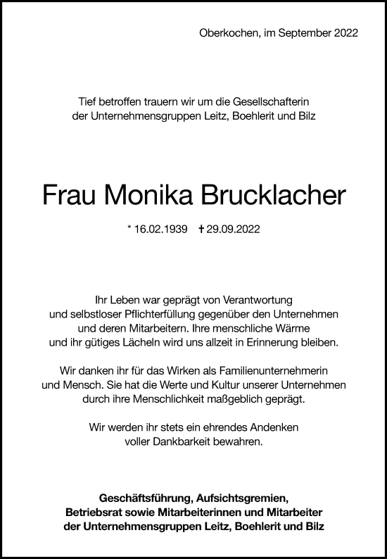 Traueranzeige von Monika Brucklacher von Schwäbische Post