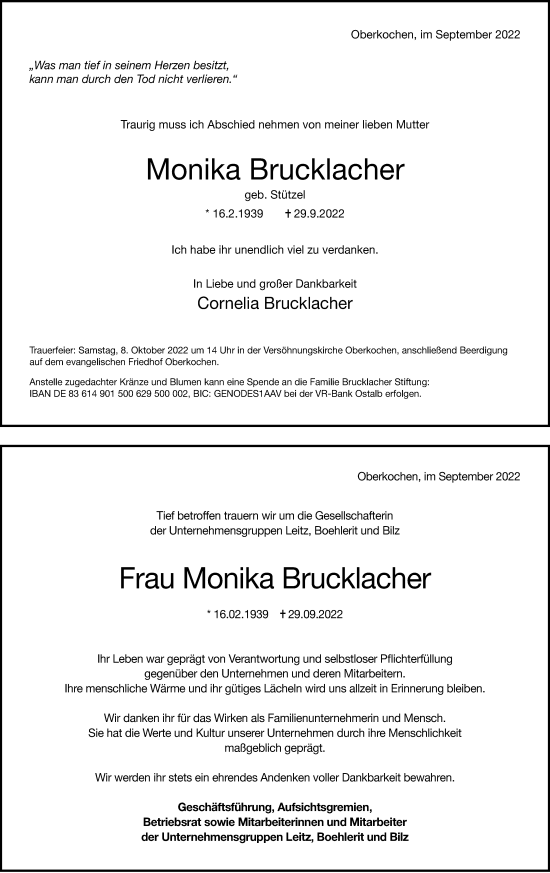 Traueranzeige von Monika Brucklacher von Amtsblatt_Oko