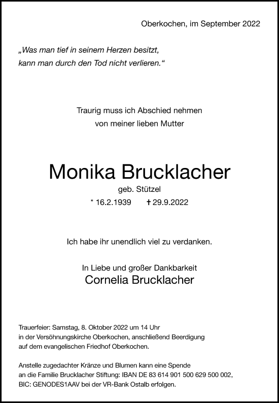 Traueranzeige von Monika Brucklacher von Schwäbische Post