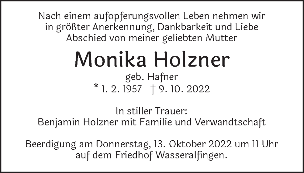  Traueranzeige für Monika Holzner vom 11.10.2022 aus Schwäbische Post