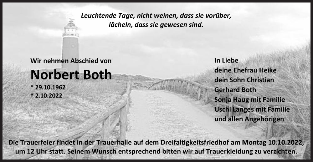  Traueranzeige für Norbert Both vom 06.10.2022 aus Gmünder Tagespost