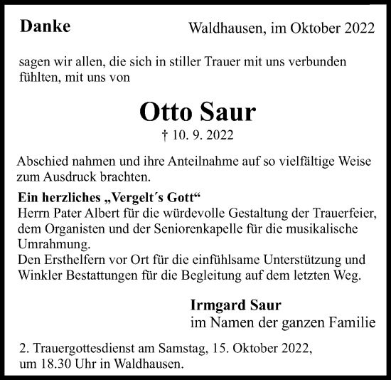 Traueranzeige von Otto Saur von Schwäbische Post