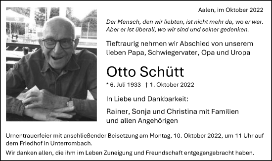 Traueranzeige von Otto Schütt von Schwäbische Post