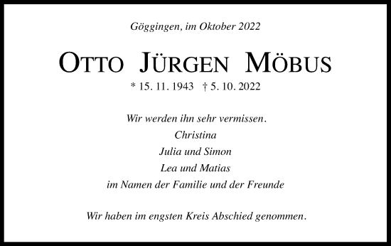 Traueranzeige von Otto Jürgen Möbus von Gmünder Tagespost