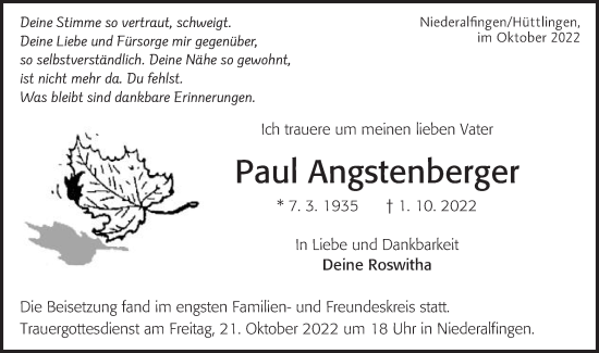 Traueranzeige von Paul Angstenberger  von Schwäbische Post