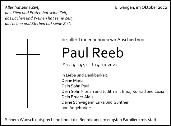Traueranzeige von Paul Reeb von Schwäbische Post