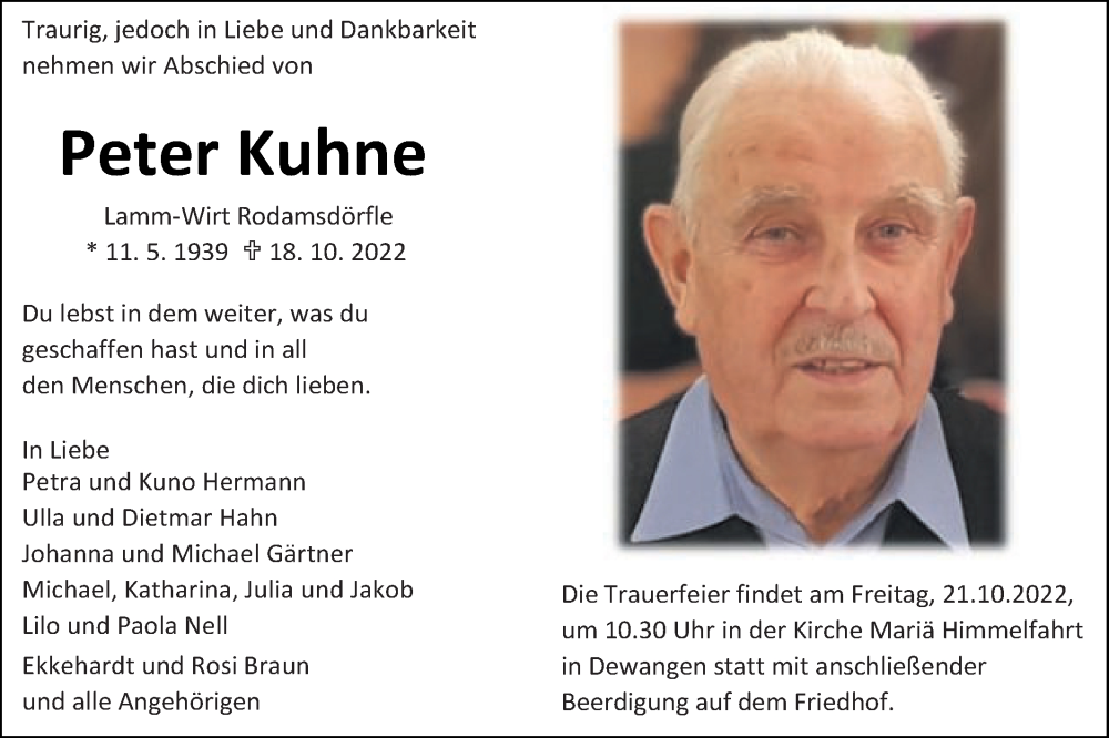  Traueranzeige für Peter Kuhne vom 20.10.2022 aus Schwäbische Post