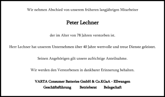 Traueranzeige von Peter Lechner von Schwäbische Post