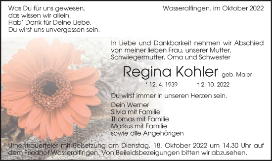 Traueranzeige von Regina Kohler von Schwäbische Post