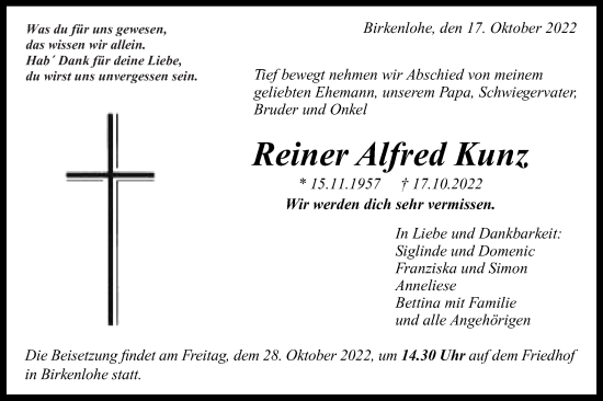 Traueranzeige von Reiner Alfred Kunz von Gmünder Tagespost