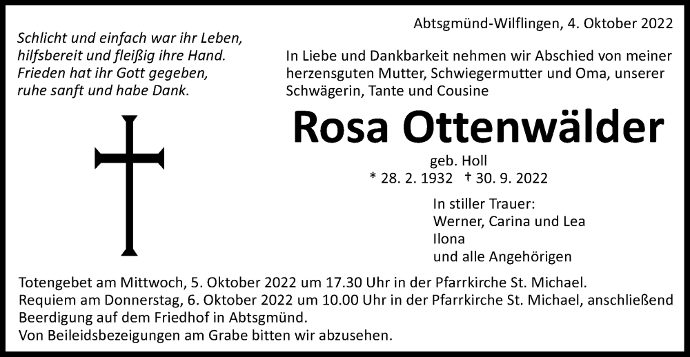  Traueranzeige für Rosa Ottenwälder vom 04.10.2022 aus Schwäbische Post