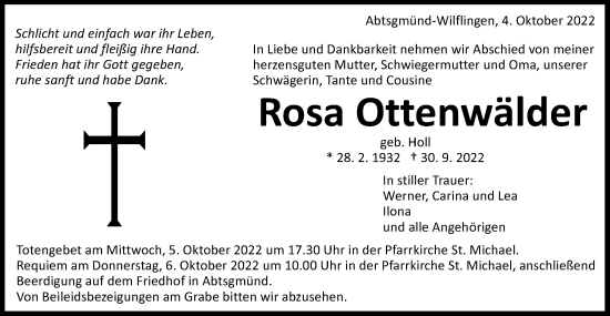 Traueranzeige von Rosa Ottenwälder von Schwäbische Post