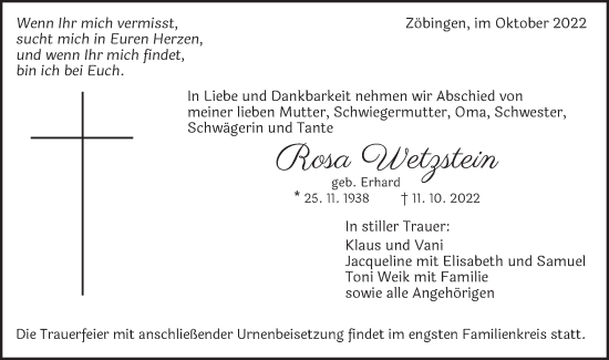 Traueranzeige von Rosa Wetzstein von Schwäbische Post