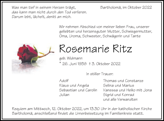 Traueranzeige von Rosemarie Ritz von Gmünder Tagespost