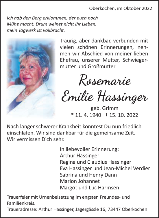 Traueranzeige von Rosemarie Emilie Hassinger von Amtsblatt_Oko
