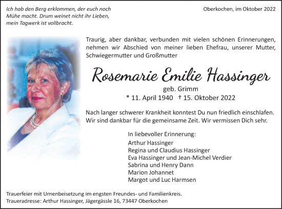 Traueranzeige von Rosemarie Emilie Hassinger von Schwäbische Post