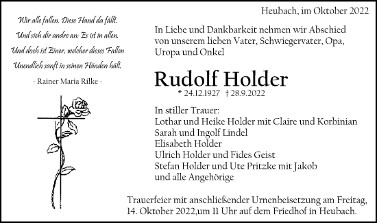 Traueranzeige von Rudolf Holder von Gmünder Tagespost